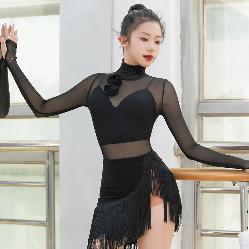 High Quality Black Irregular Latin Dance Skirt Rumba Samba Pole dance wear Jazz Practice dance performance wear
