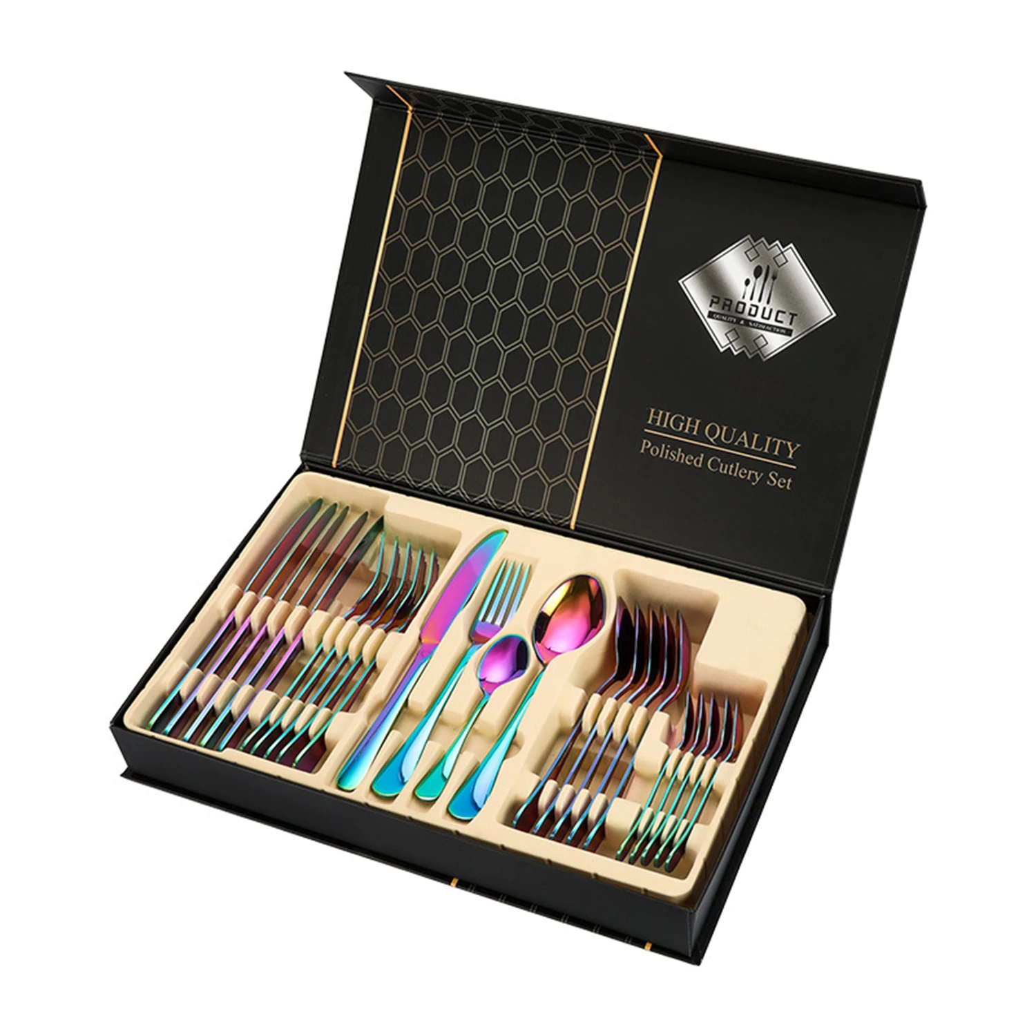 Stainless Steel Utensil Cutlery Flatware Sets Black Golden Rainbow Silverware Luxury 24Piece Forks And Spoons Silverware Set