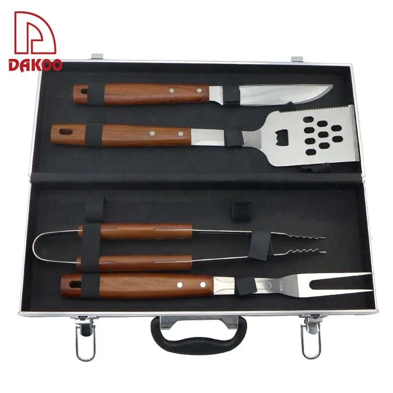 Yangjiang Factory Rose Wood Handle 4Pcs BBQ Tools Set Grill Set Barbecue Accessory With Aluminum Case