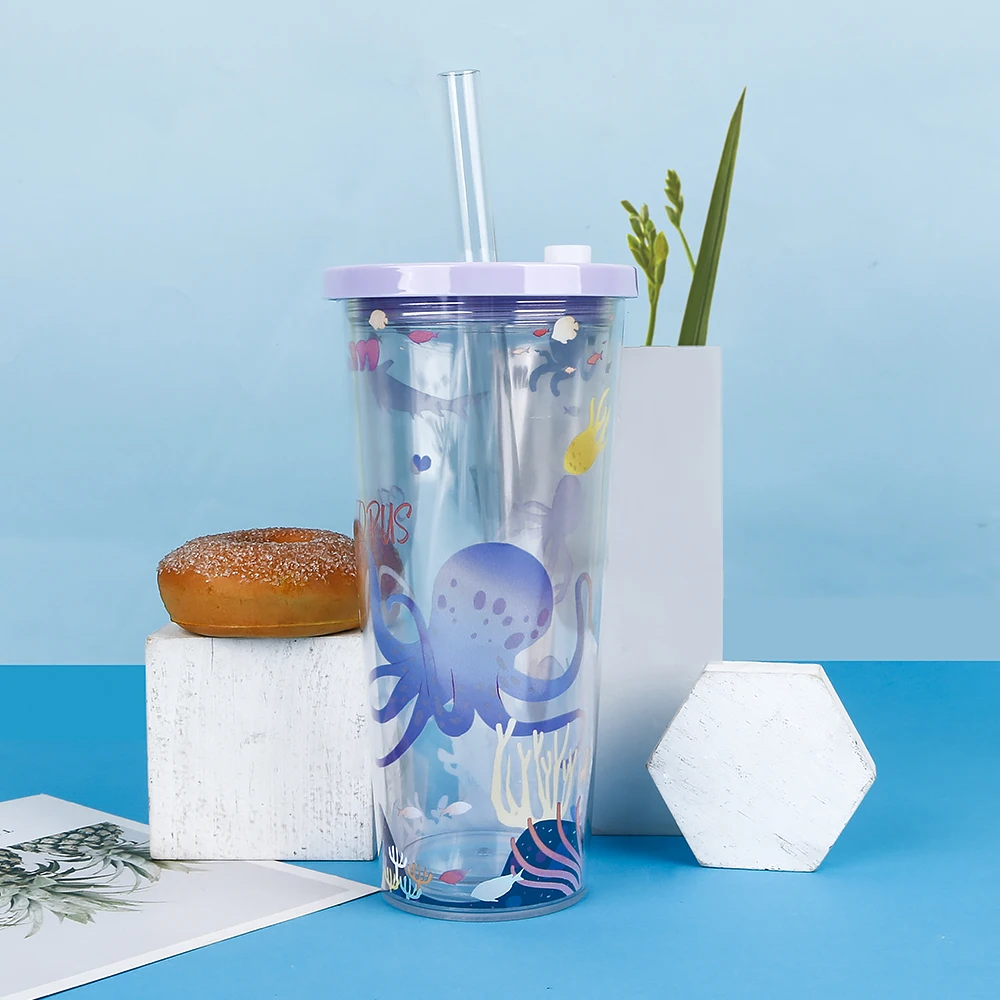 Hot Sale Hologram Double Wall Acrylic Tea Cups With Lid and Straw, Eco friendly 700ML Wide Mouth Boba Tea Cups
