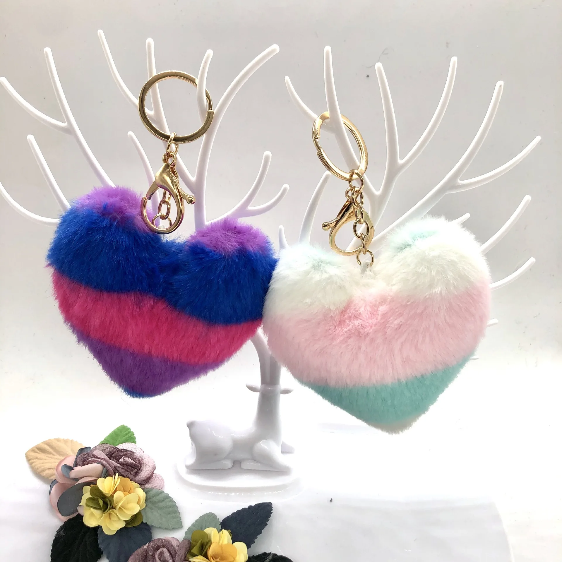 fluffy personalized heart shaped fur pompom keychain  color heart shape cute custom fake  fur pom pom  keychain