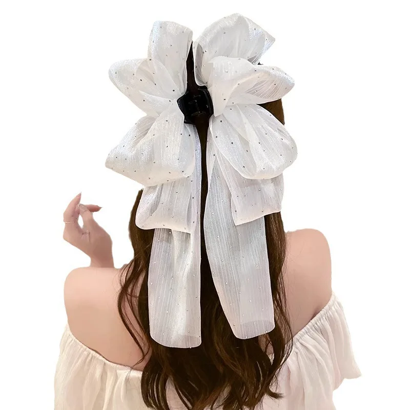 Hot Sale High Quality Black White Big Bow Hairpin Spring Clip Lace Ribbon Ladies Clip Fabric Hairgrips