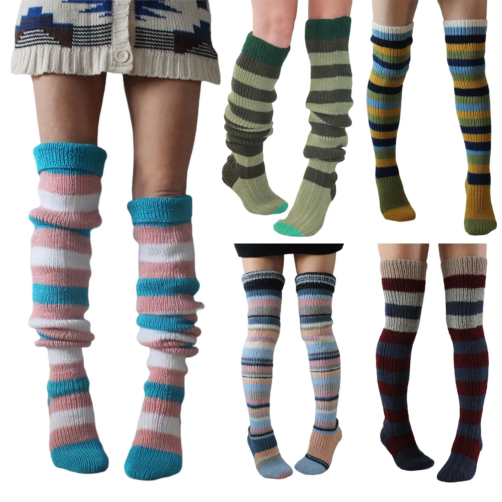 New Fashion Winter Slouch Warm Striped Pattern Knitted Thigh Over Knee High Socks Women Leisure Socks