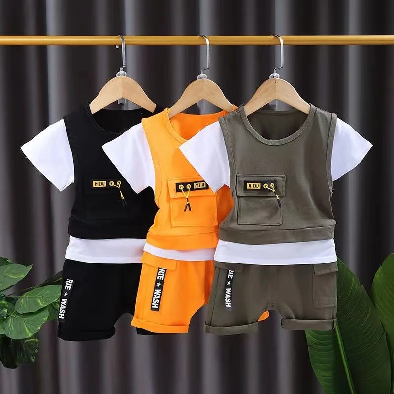 Летняя Спортивная одежда для мальчиков и подростков, Детский костюм, Детский комплект из двух предметов для бега