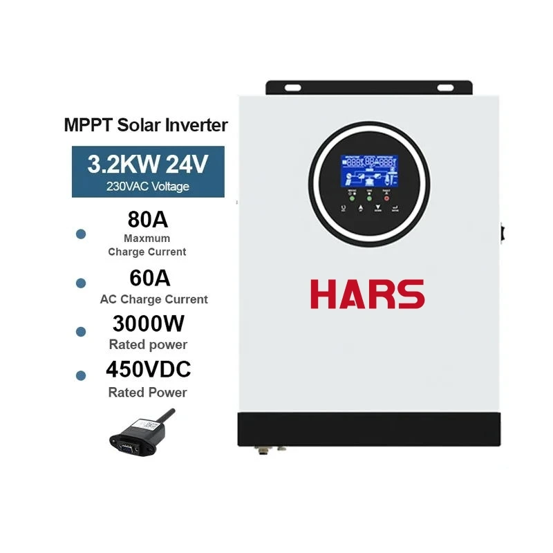 In Stock HARS Smart factory price 3KW 3000W   24VDC 80A off grid  invert system mppt   Pure Sine Wave hybrid solar inverter