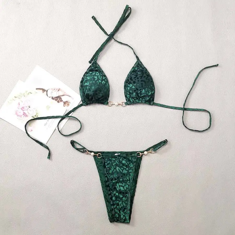 2024 New Leopard Pearl Chain Triangle Swimsuit Sexy Micro Thong Bikini Set Women Swimwear & Beachwear