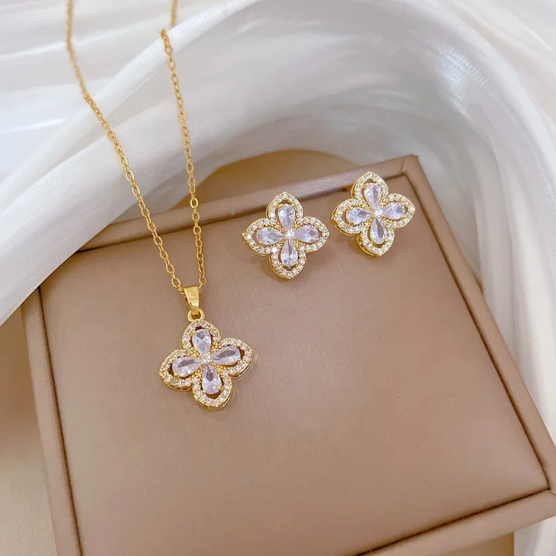 High Quality Jewelry 4 Four Leaf Clover Flower Austria Crystal Earring Stainless Steel 18K Gold Plated Kundan Jewelry Set Indian