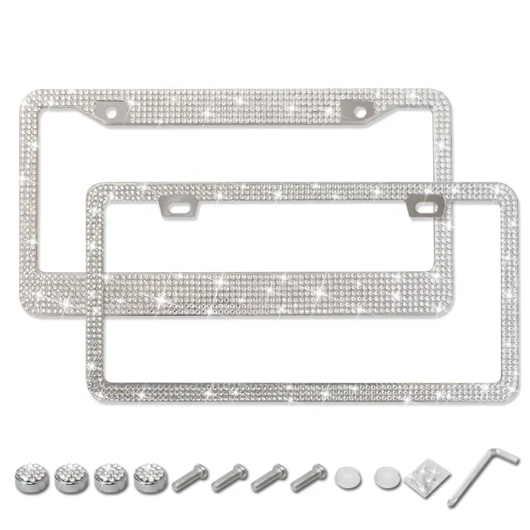 Crystal Bling Rhinestone Stainless Steel License Plate Frame for USA America Standard Diamond Holder 12.4inch 6.3inch