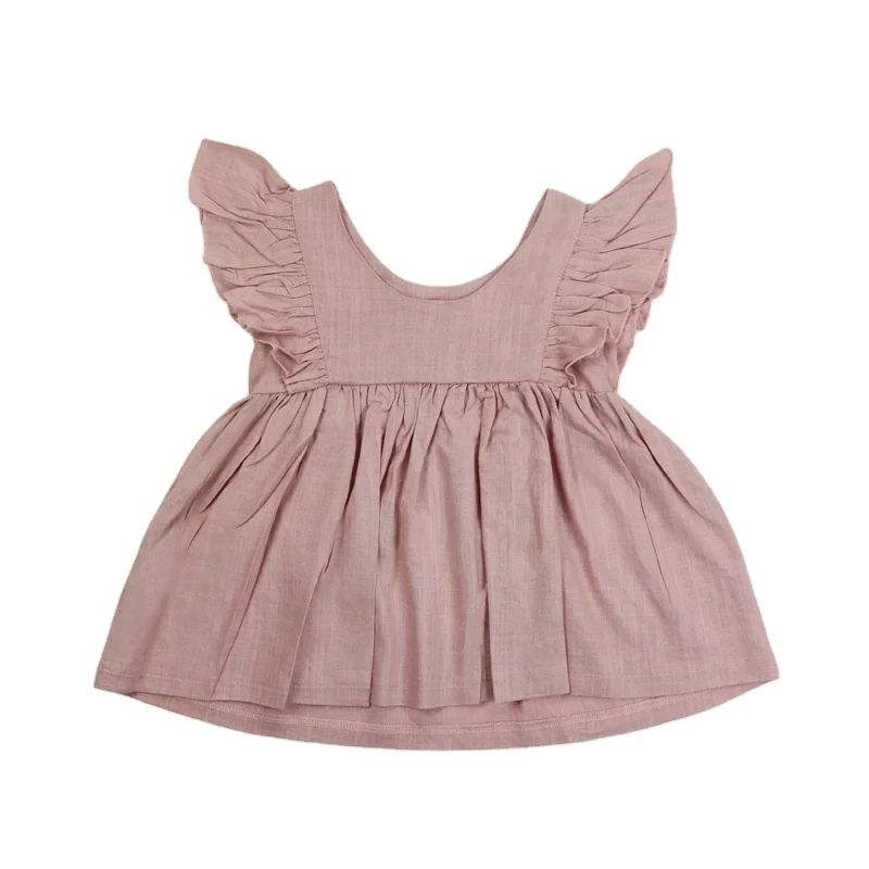 Wholesale Boutique Babi Girl Summer Linen Party Dress Plain Color Designs Ruffle Pink Dresses