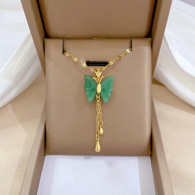 2023 New Arrived Green Jade Butterfly Necklace 18k Gold Plated Butterfly Necklace  Stainless Steel Pendant Necklace