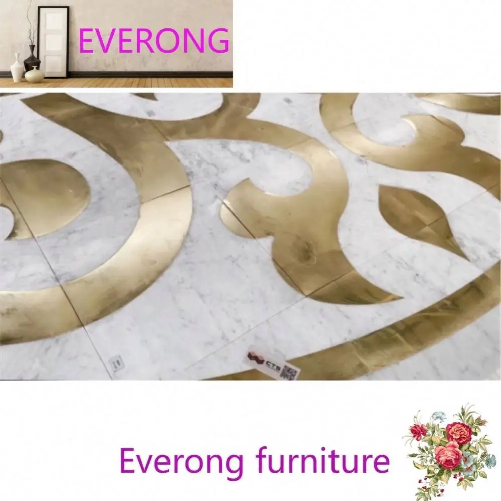 Fancy Customized Brass Inlay Arabescato White Marble Waterjet cutting Medallions Tile Stone Flooring produEV For Lobby