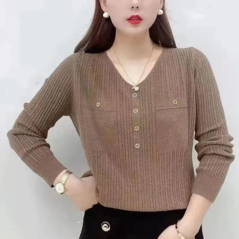 2024 Spring Slim Fit Bottoming Sweater Tight Long Sleeve Sweater Knitted V Neck Pullover for Women