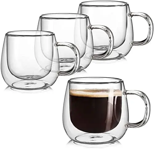 Double Wall Glass Coffee Mugs 10oz  of 4 Insulated  Tea Cups with Handle,  for Espresso, Latte and Cappuccinos