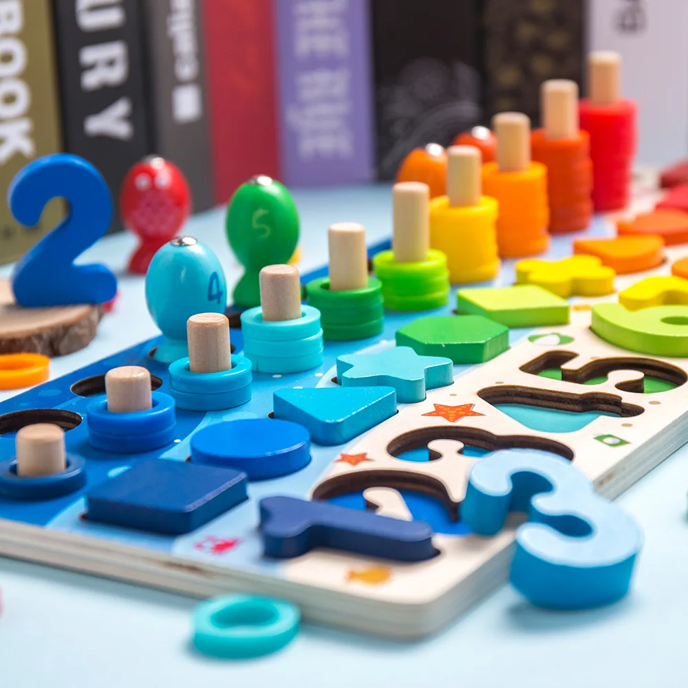 2020 Montessori Wooden toys count geometric shape cognition match octopus Fish game toys 5 in 1 Puzzle boards WPT28-F