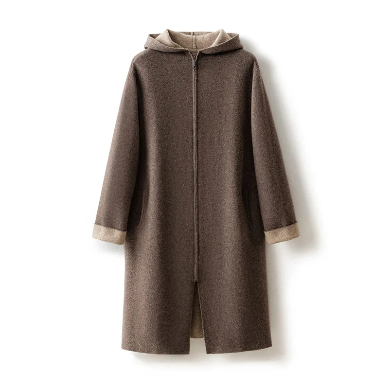 Women Casual Plain Knit Zip Cashmere Long Cardigan Hoodie