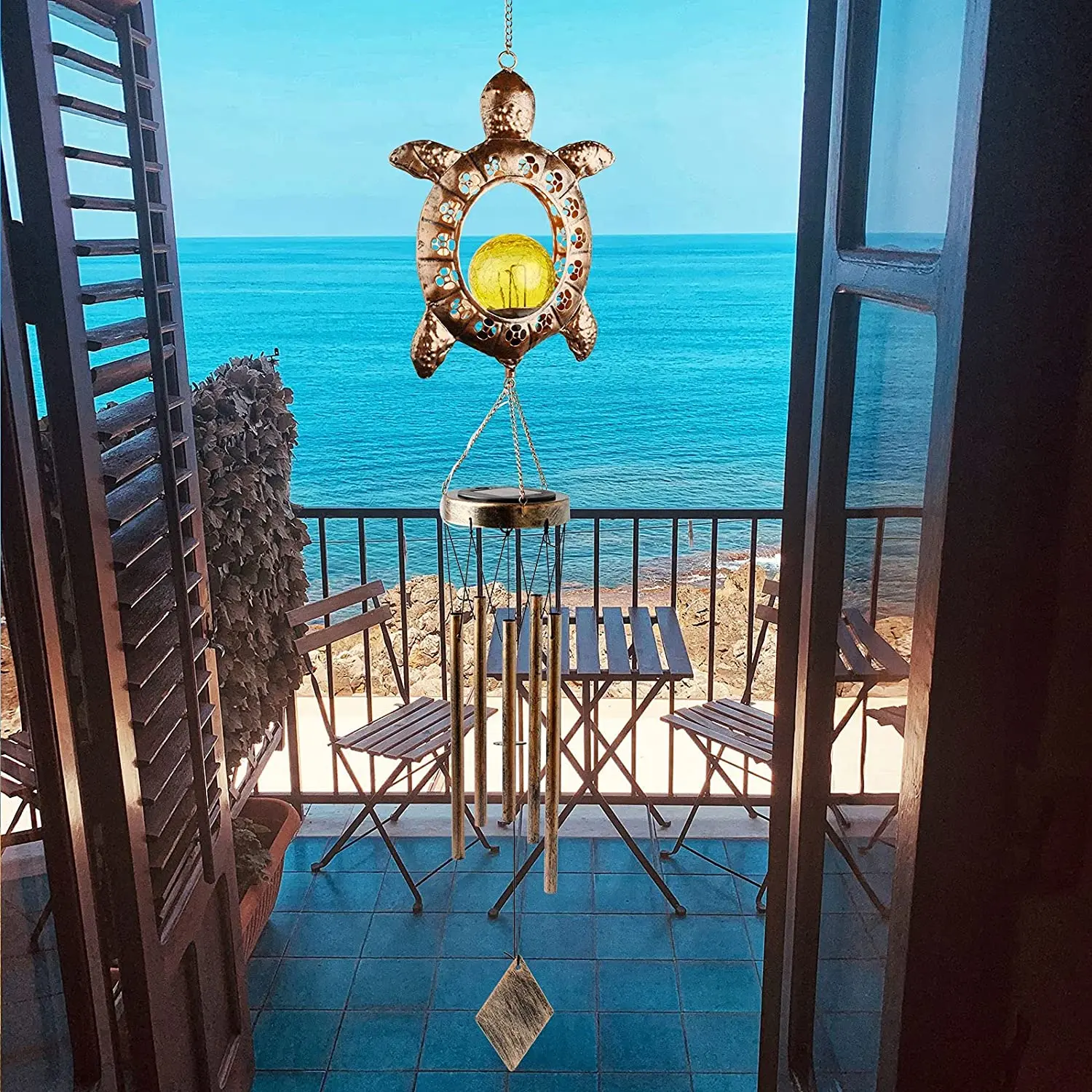 Sea Turtle Metal Retro Copper Led Solar Memorial Musical Sympathy Wind Chimes Light with Crackle Glass Ball for Garden Patio