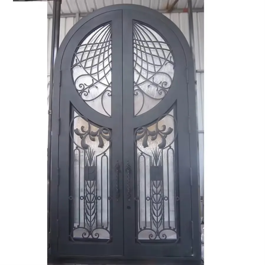 Luxury design arched exterior double glass wrought iron doors prices for villa home