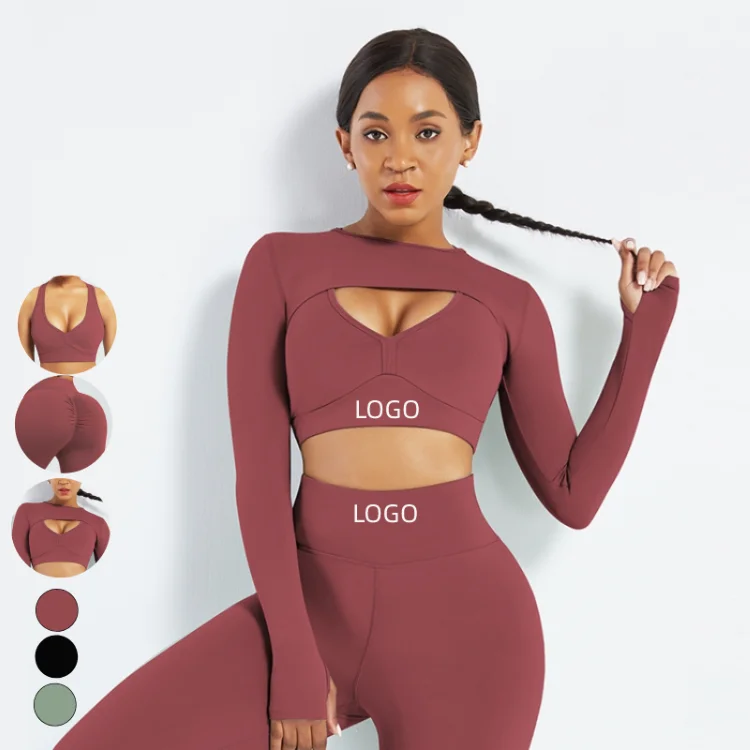 HEXIN 2021 Custom Women Long Sleeve fitness Sport workout clothing 3 Pieces Yoga Set Suit gym fitness sets