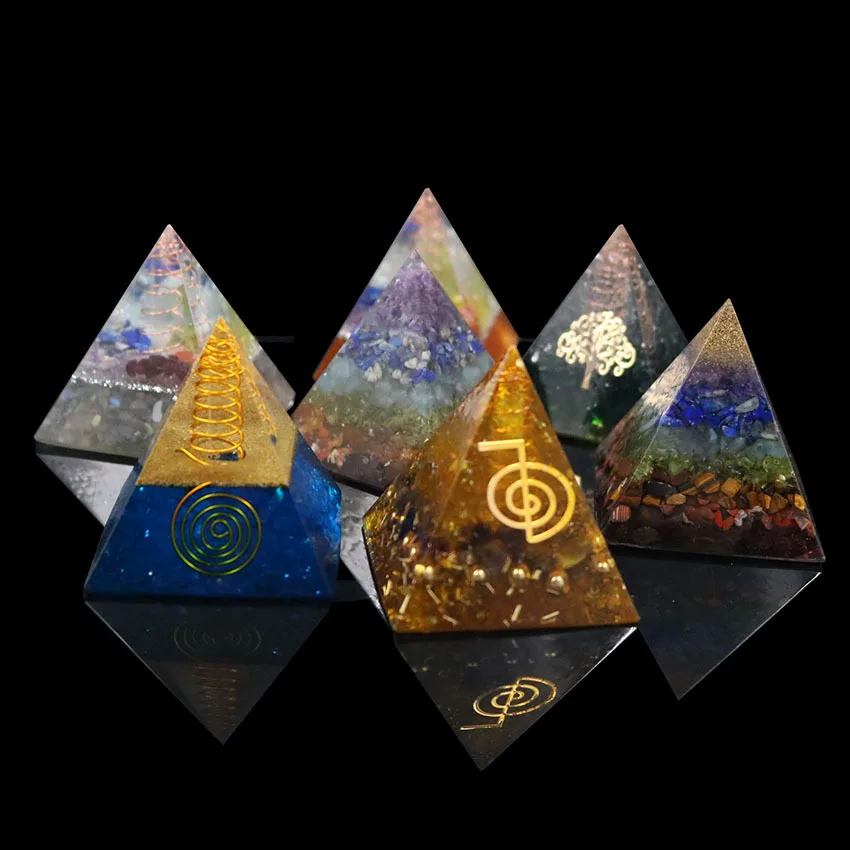 Natural Olivine Orgone Pyramid Energy Yoga Symbol Chakra Balancing Stone Reiki Healing Crystal Resin Lucky Gift