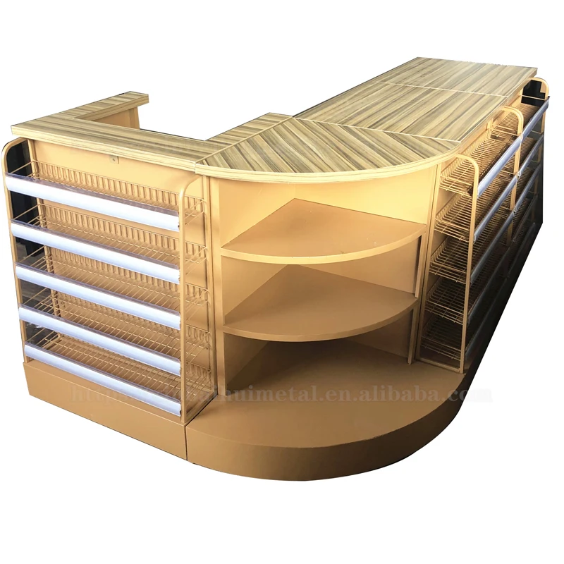 Convenience Store Commissary Snack Shop Small Supermarket Combined Steel Wood Cash Register With Display Shelf In The Front