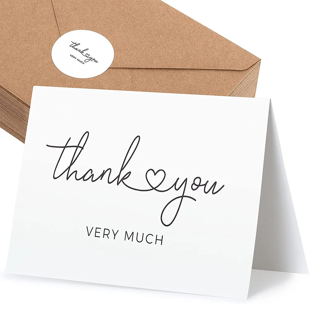 4x6 Inch Minimalist Design Folded Wedding Blank Thank You Cards with Kraft Envelopes and Matching Stickers