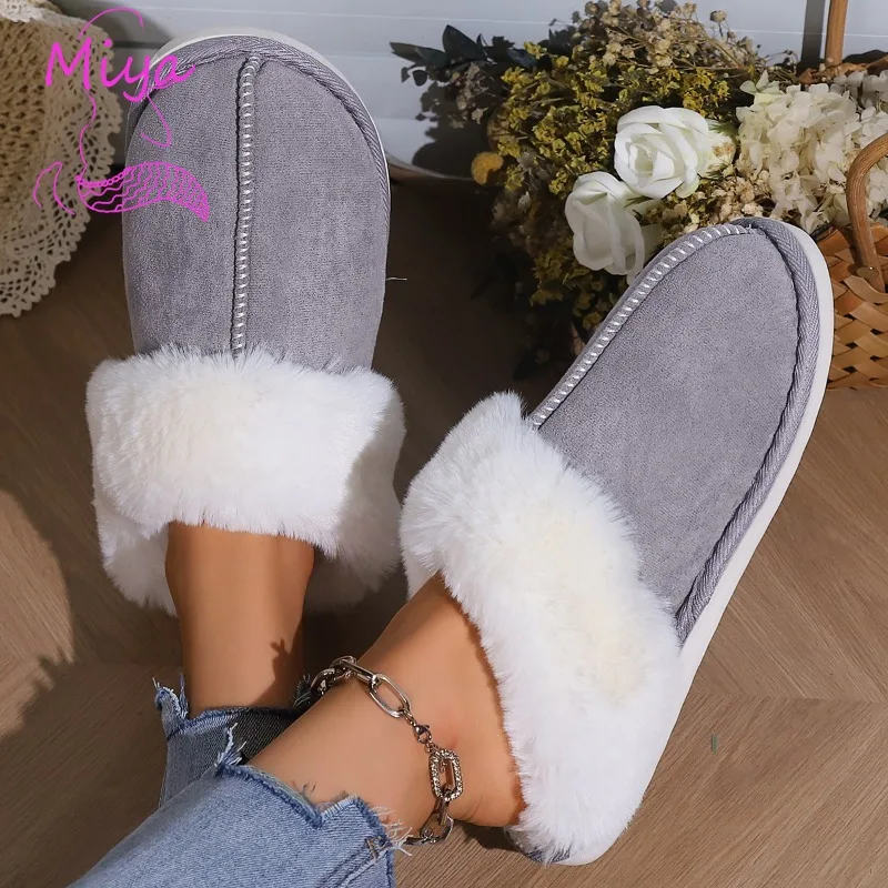 2024 New Hot Sell Winter Warm Plain Faux Suede Leather Thicken Plush Furry Slippers for Women and Man Unisex Indoor Fur Slipper