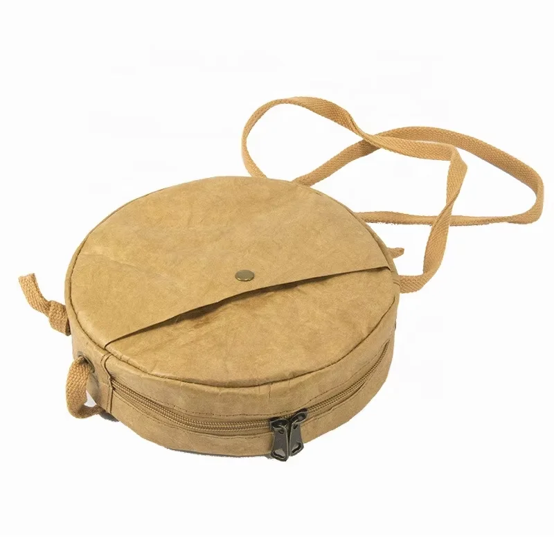 Small Size Tyvek Paper Brown Paper Mini Durable Tote Bag Round Wallet With Pocket Button Zipper for Travel Shopping School Work