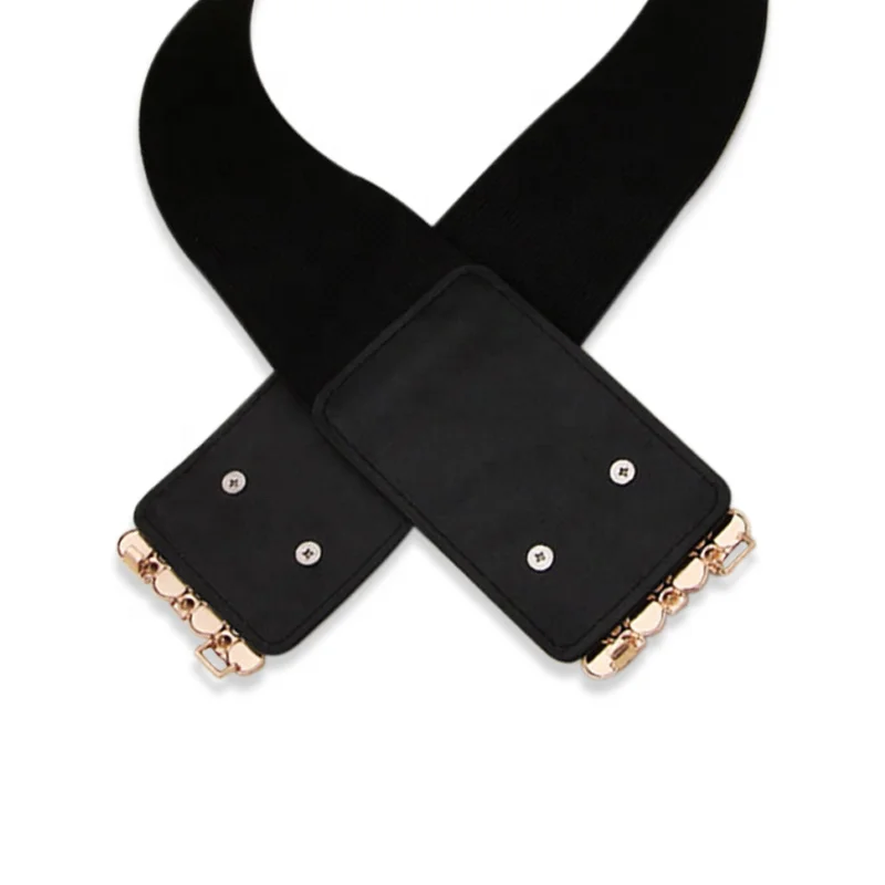 Fashion Ladies Embellished Rhinestone PU Leather Weave Fabric Wide Elastic Belt with Pearl