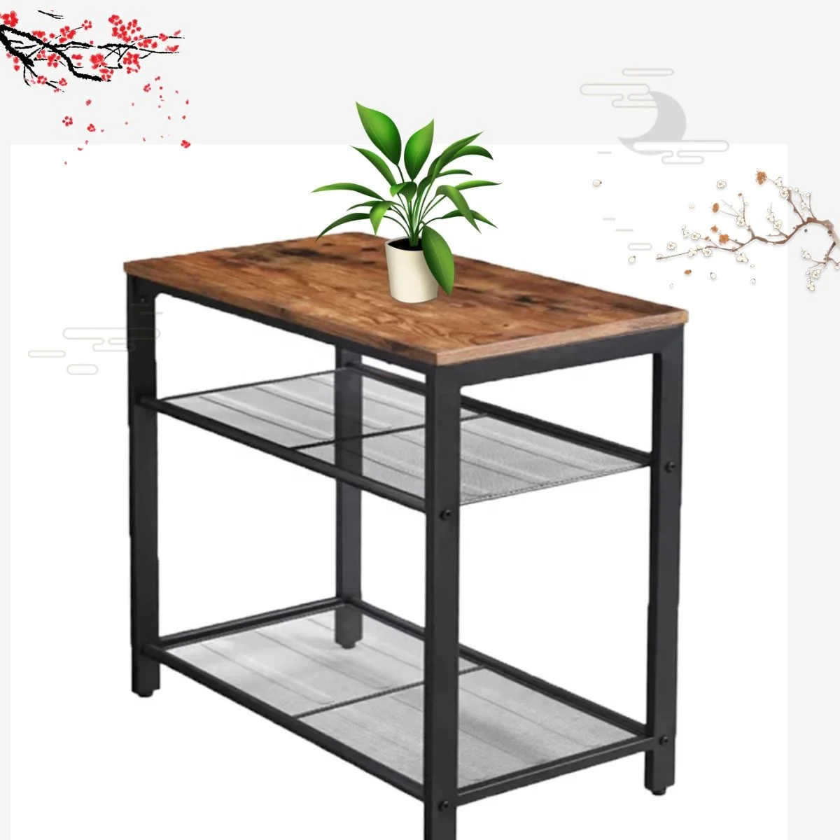 2-Tier End Table with Storage Shelf for Living Room, Square rustic vintage metal wood coffee table