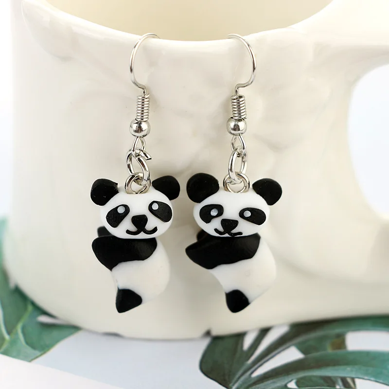 Chinese style Cute polymer clay panda earrings handmade soft pottery terracotta animal pendant earrings  for female