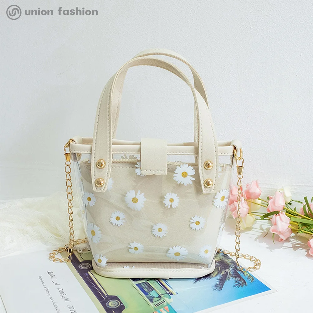 
Hot Selling Women Clear PVC Daisy Print Shoulder Crossbody Bucket Bags Handbags With 