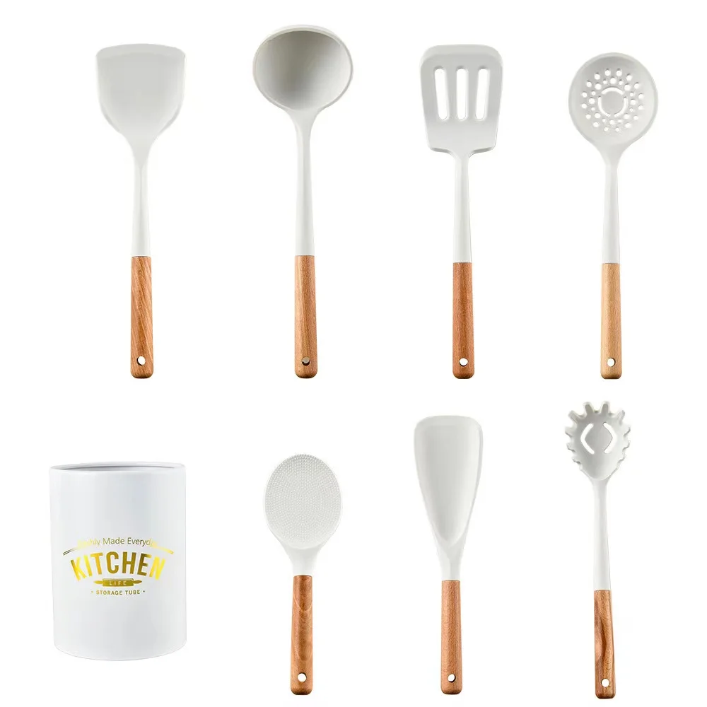 Wholesale Cheap 12 Pieces Set Kitchen Gadgets Tools Stand Kitchenware Spatula Silicone Cooking Utensils Set With Wooden Handles