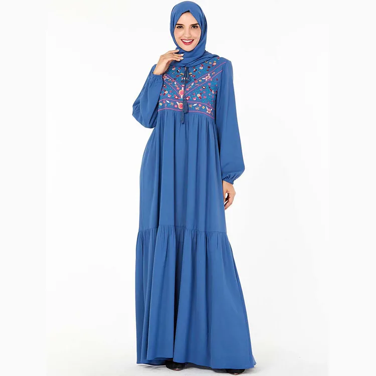 
MXCHAN Middle Eastern Blue embroidery abaya muslim dresses maxi abaya designs dubai 