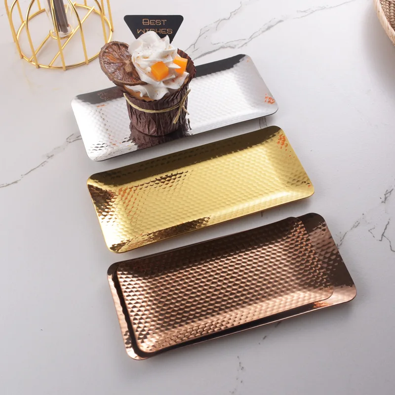 Korean Stainless Steel Fruit Tray Hammer Pattern Rectangular Ornament Jewelry Storage Tray Dessert Cake BBQ metal Tray