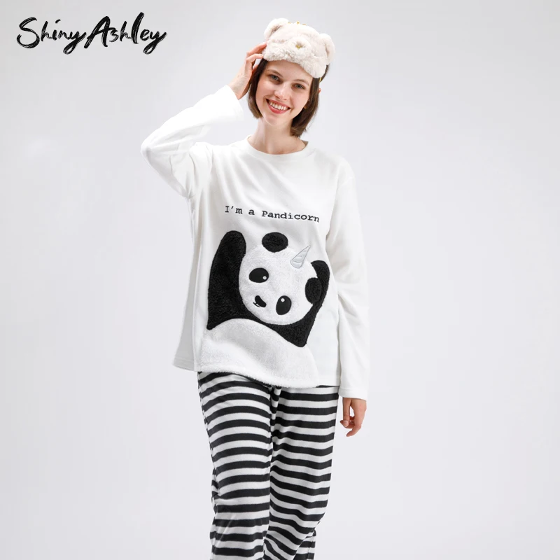 shiny ashley warm 100% polyester Flanneel fleece sleep set cute panda winter women thermal pajama sets