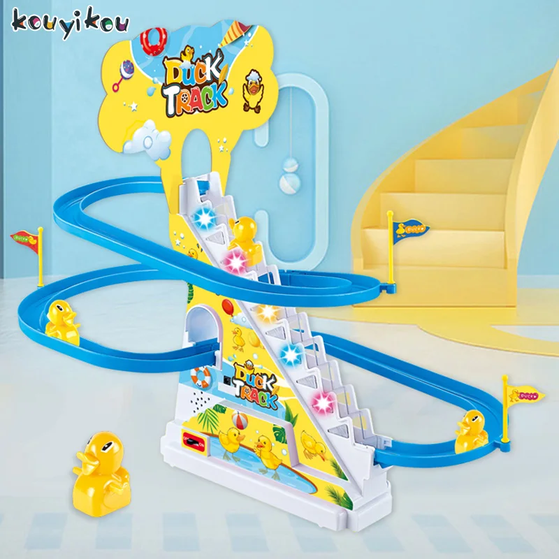 Kouyikou Hot selling Small Duck Track Toy Funny Climbing Stairs Racing Slot Sliding Electric Toys Detachable taxiway