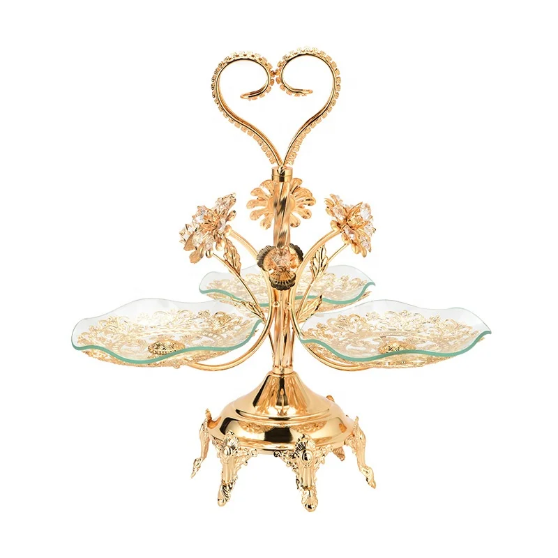 Round Shape Gold Plated Decorative Food Tray Glass and Metal Table Display Decor Golden Fruit Revolving Tray 0523
