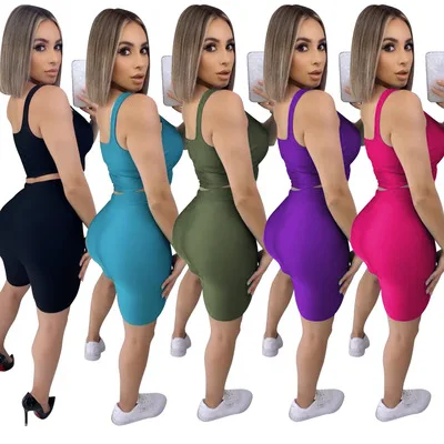 
2020 cycling Cropped Tops Tight Camisole Solid Plain Suspenders Summer Sexy Yoga Nice Sport Fashion 2 Piece Set Women Clothing 