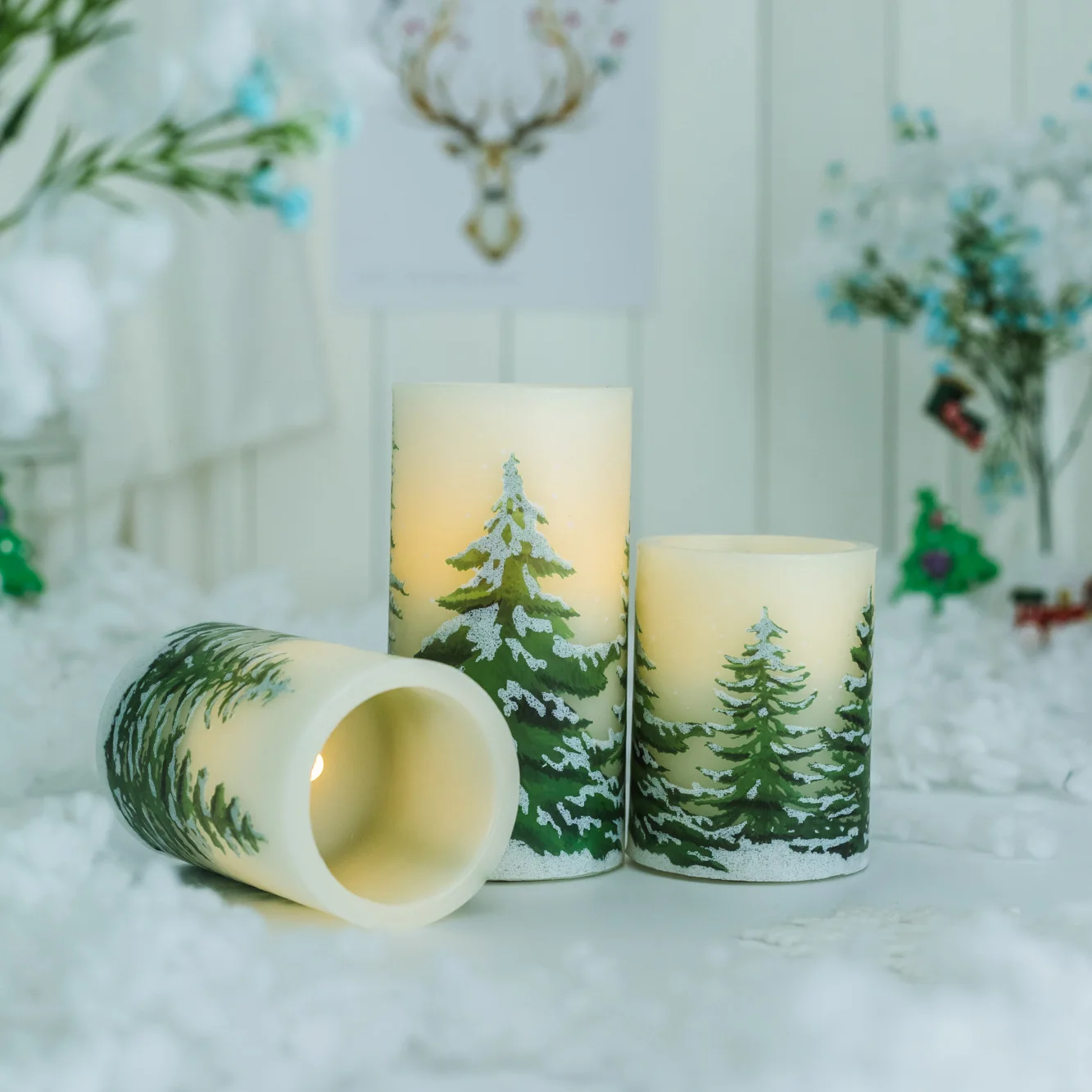 Senmasine Remote Control Flickering Wick Real Pillar Wax Led Glitter Christmas Tree Decal Battery Operated Flameless Candles