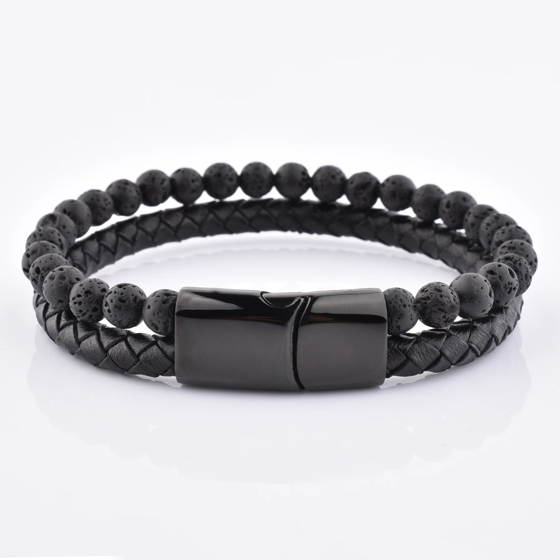 Hot Sale Man Black Woven Leather Magnetic Clasp Lava Stone Bead Bracelet Double Layer Bead And Leather Bracelet
