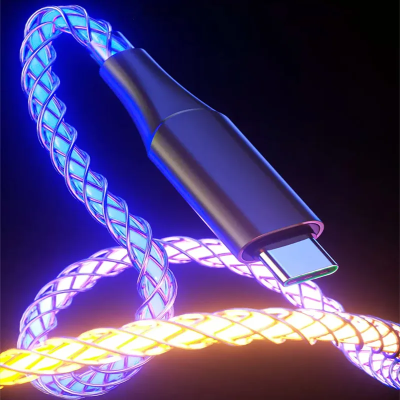 LC4 RGB 7 Colors Gradual Shining Mobile Phone Charger Data Cabel LED Light Up 1M 3.3FT 66W Super Fast Charging USB Type C Cable