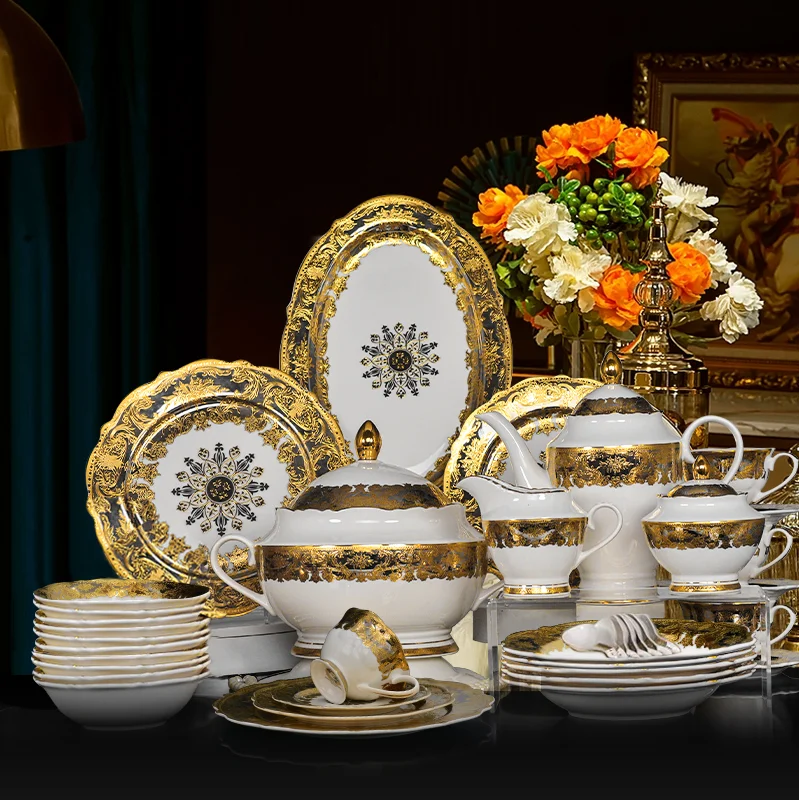 98pcs thailand luxury style dinner set gold high end royal modern and luxury tableware plates dinnerware dishes