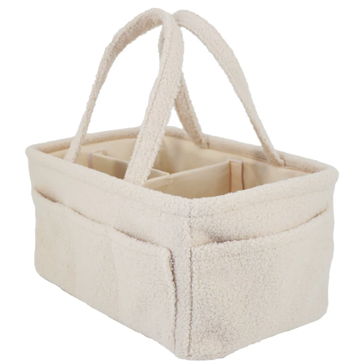 Teddy Sherpa Diaper Caddy - Beige Baby Nursery Organizer for Diapers and Baby Essentials Portable Diaper Storage Basket