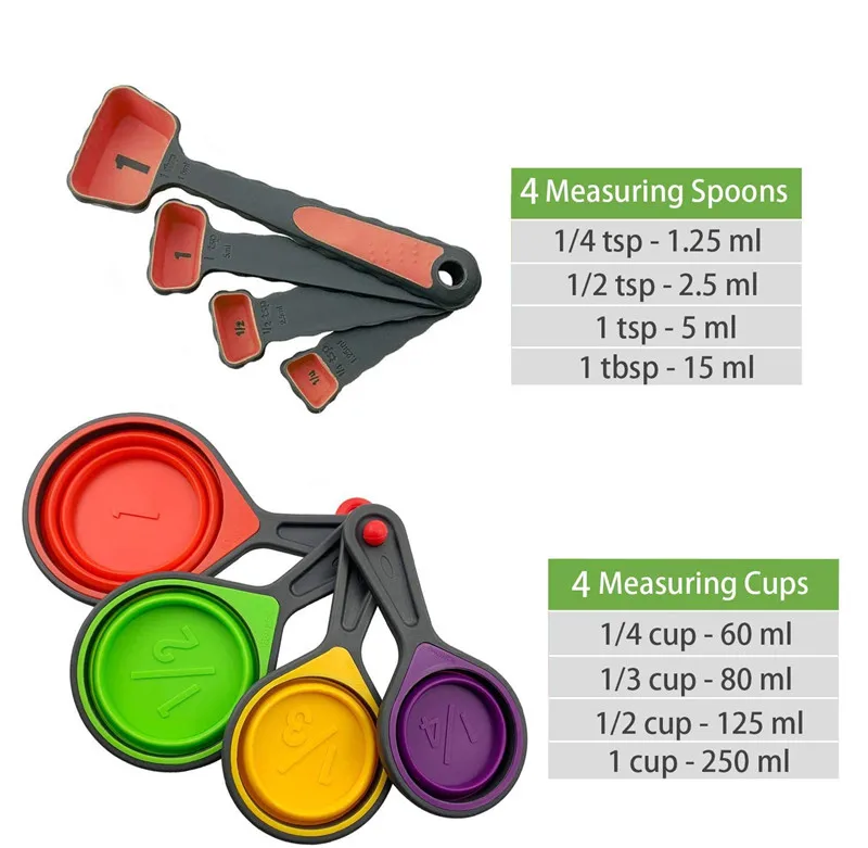 New Home Kitchen 8 Pack Collapsible Silicone Measuring Cups and Spoons Set