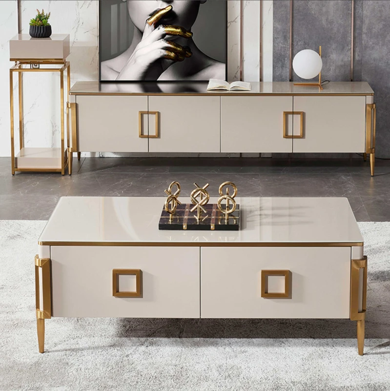 Luxury Style Living Room Furniture Simple TV Table Hotel Central Table Tempered Glass Cabinet With Gold Stainless Steel