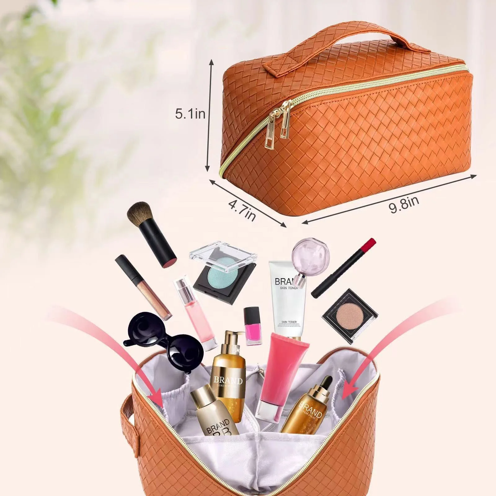 Large Capacity Waterproof Cosmetic Bag PU Leather Travel Cosmetic Bag Makeup Bag with Handle for Women