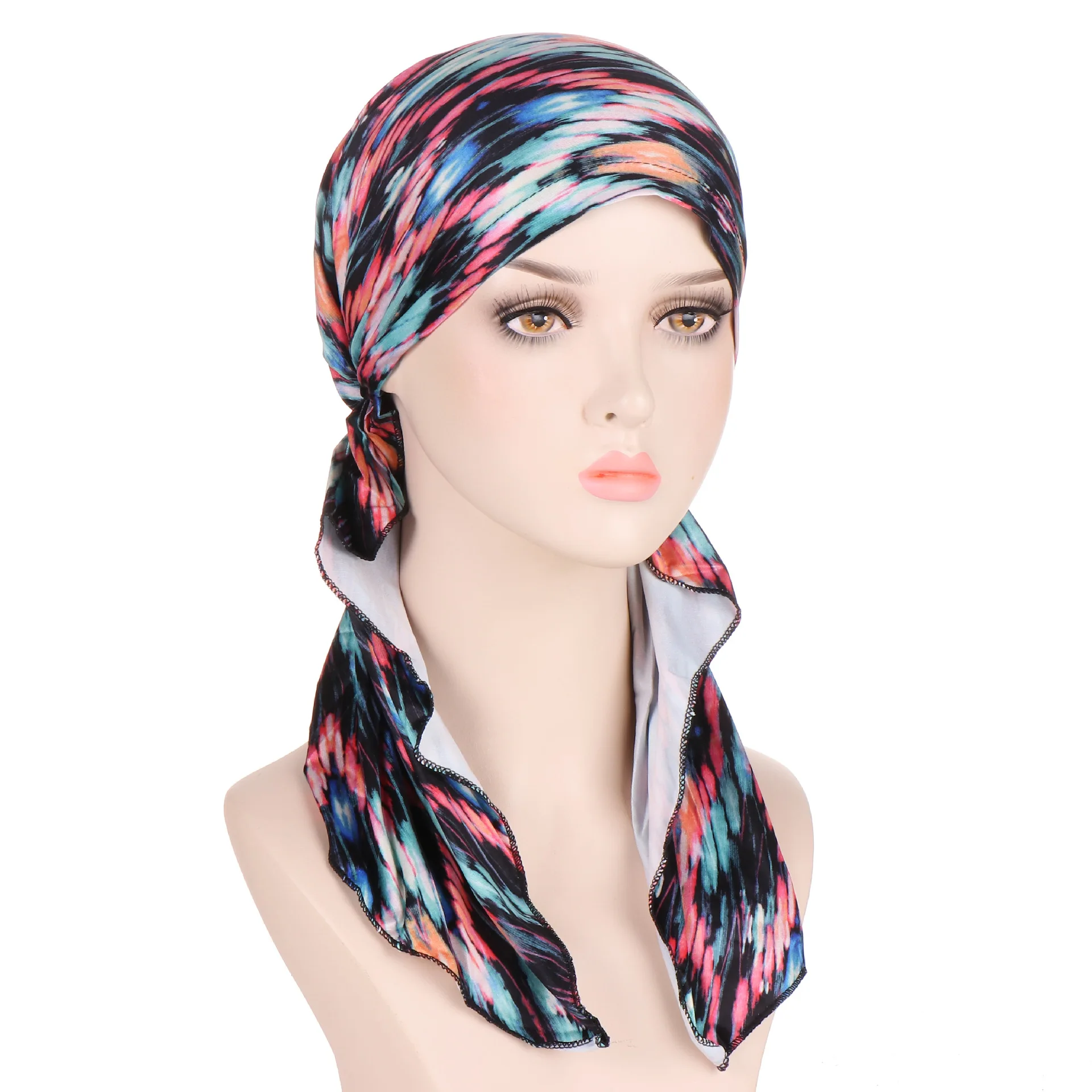 New stretch printed turban big tail hat floral cloth curved religious hat Indian hats Bandana