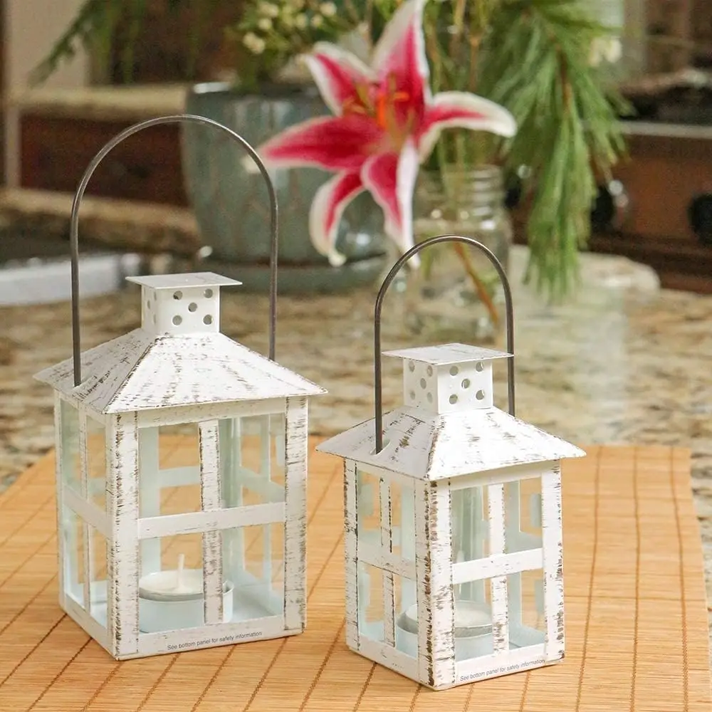 Handmade 5-Inch Farmhouse White Wood Candle Holder Wedding Decorative Metal Lantern for Table Centerpiece or Home Shelf Decor