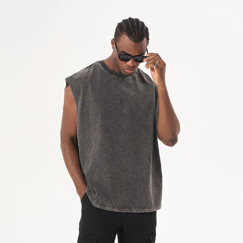 Men Washed Vintage Tshirt Vest  High Street Outer Washed Tank Top Sleeveless Streetwear Hipster Tank Top