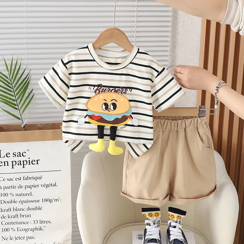 Baby Boy Summer Cute Cartoon Stripe Design T-shirt Cotton Short Clothing Two-piece Sets